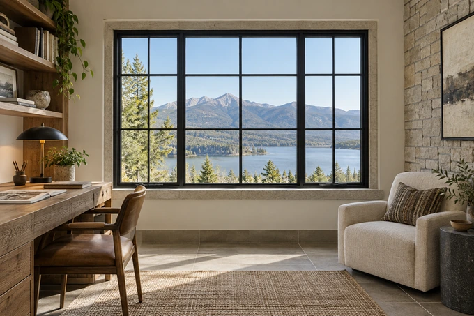 Precise close-wide architectural photograph of a black-framed window, straight tile pattern and clean stone sill, no blur anywhere
