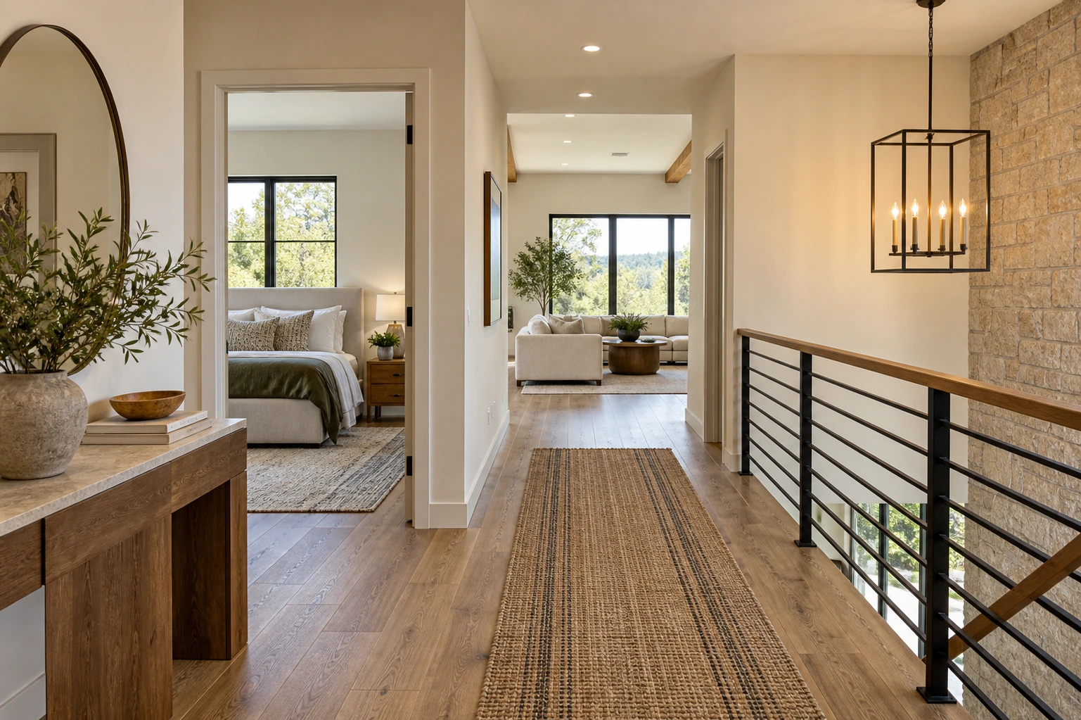Geometrically clear wide view down an interior hall with doorways to a bedroom and lounge, warm clean finishes
