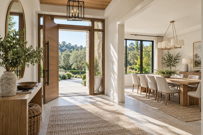 Bright entrance and sunlit dining room prepared immaculately for a listing launch, no documents, no text, no people