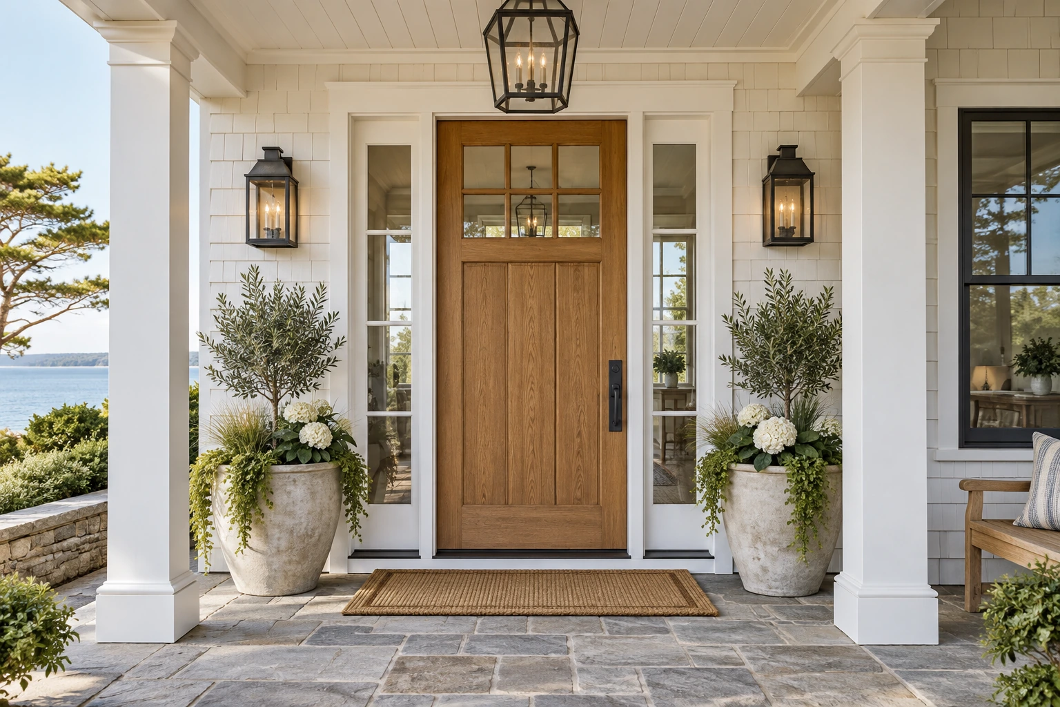 Elegant empty porch ready for an agent introduction, central oak entrance door and tidy coastal planters