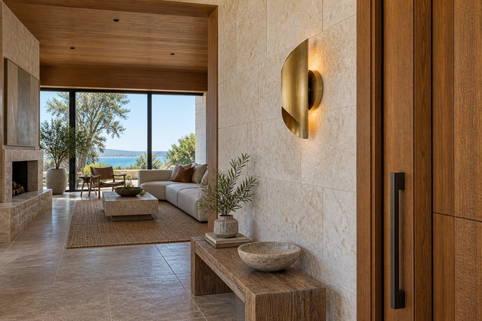 Editorial architectural detail of a sculptural brass wall light against pale limestone beside a timber doorway, all in focus