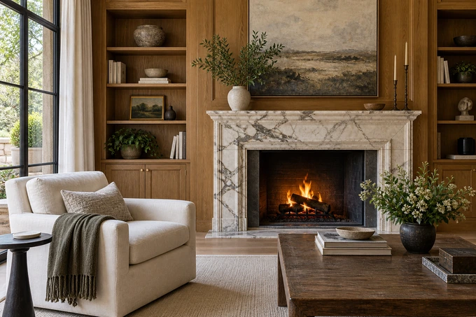 Small architectural detail within a wider room context: marble fireplace, warm oak paneling and a cream armchair