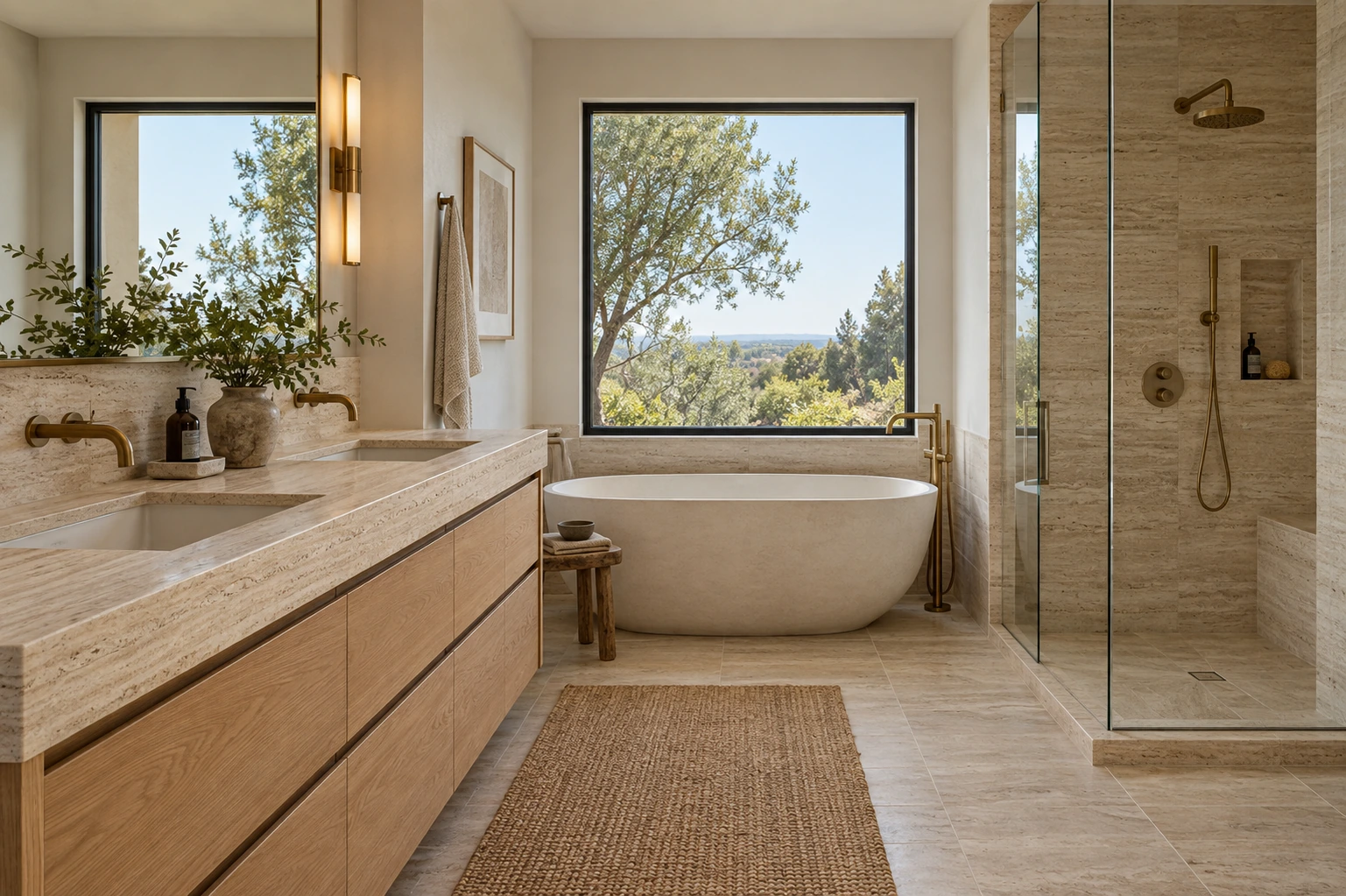Detailed material photograph of honed travertine, a brushed brass tap and natural oak cabinetry in a pristine bathroom