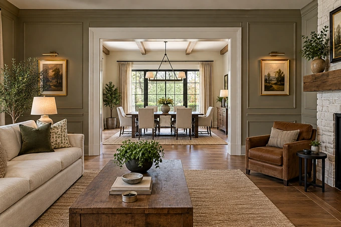 Two rooms connected by a wide real doorway, consistent flooring continuing naturally from lounge to dining room