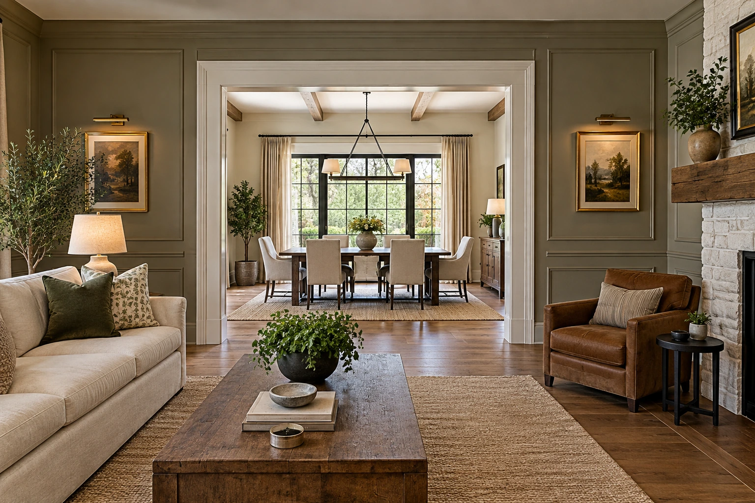 Two rooms connected by a wide real doorway, consistent flooring continuing naturally from lounge to dining room