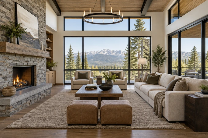 Sophisticated contemporary living room with sharply defined stone, wood and fabric materials, natural realistic architectural photograph