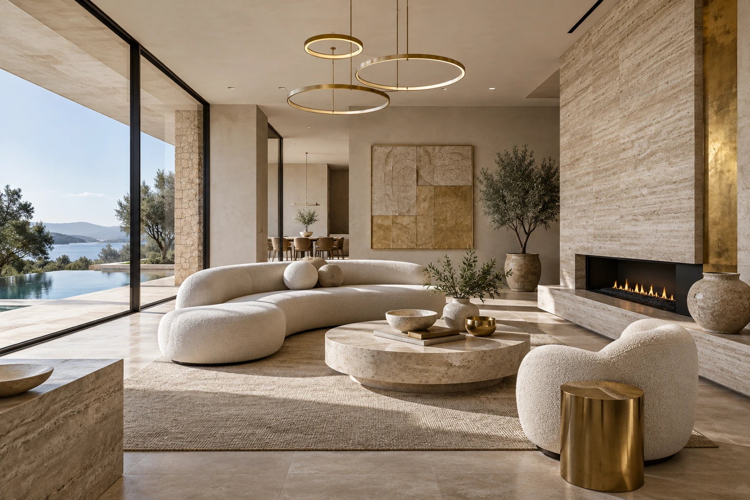 Photorealistic conceptual interior design study of a modern lounge with pale travertine, sculptural sofa and controlled gold accents, no text