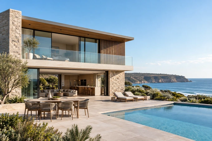 Contemporary coastal house exterior framed clearly with generous clean sky around the roof, suitable for an unbranded property film