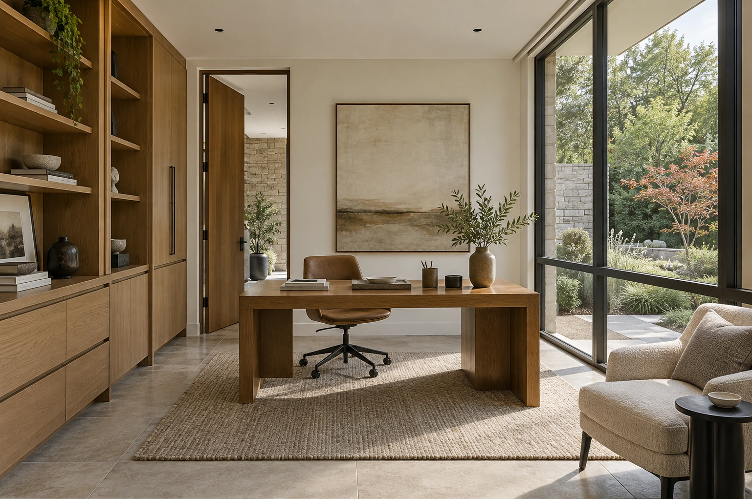 Precise interior view emphasizing consistent straight window frames, doors and built-in cabinetry in a contemporary room