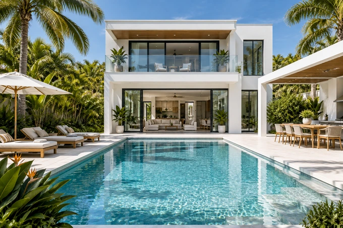 Crisp inviting swimming pool and white modern house framed by palms, representative exterior view for a property reel cover