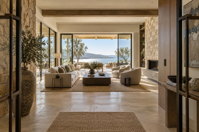 Long architectural view from entry hall through a refined living room toward a sunlit terrace, coherent sightline