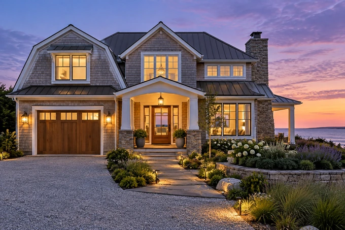 Welcoming coastal home front elevation at twilight with warm windows and a lavender-blue sky, no people or cars