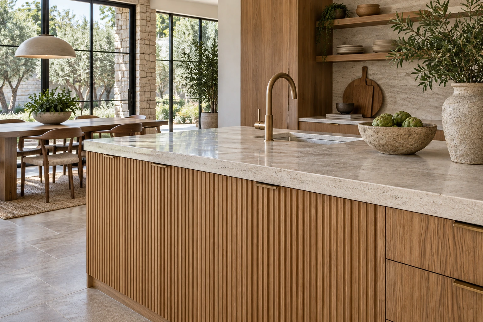 Beautiful close view of fluted oak cabinetry and a pale stone countertop, visible accurate fine grain and material texture