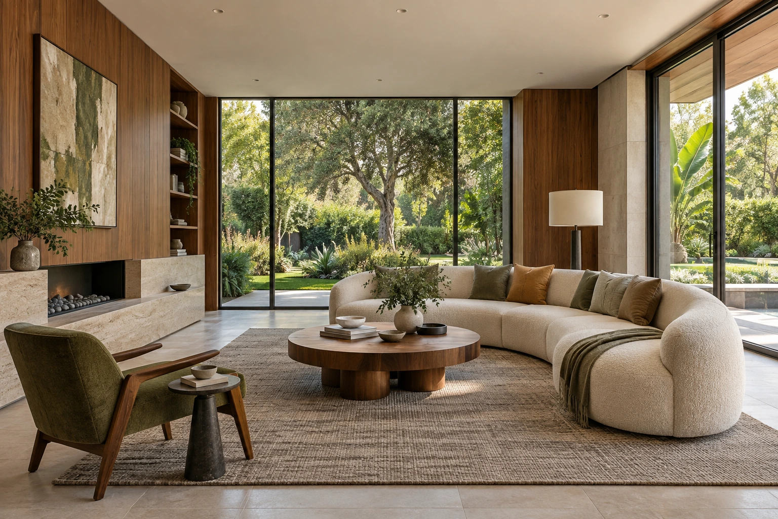 Clean professionally staged living room with curved cream sofa, walnut paneling and large leafy garden windows