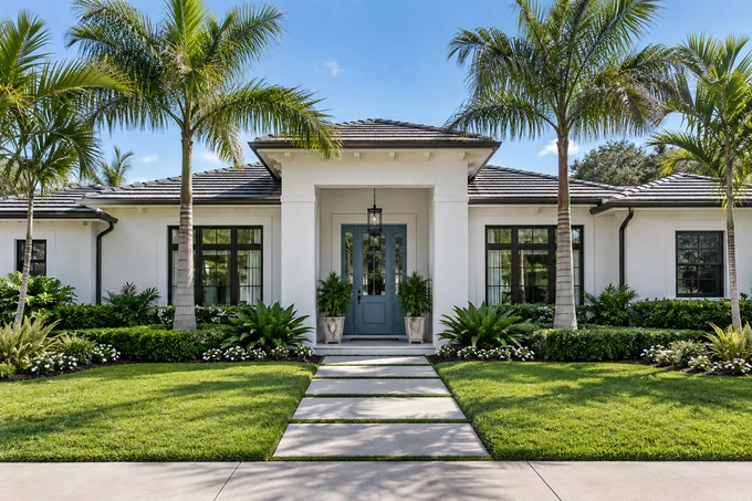 Inviting single-story white stucco home with blue front door, neat tropical landscaping and a clear symmetrical facade photograph