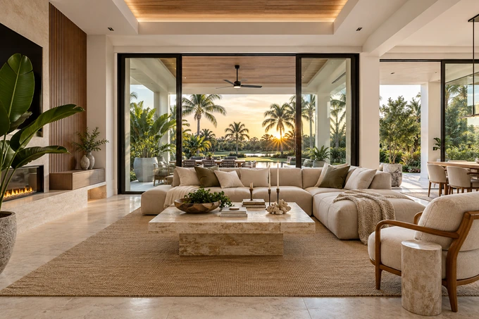 Cinematic yet precisely sharp modern Florida living room at late afternoon, panoramic garden doors, tan sofa and travertine coffee table