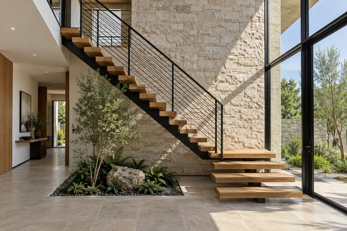 Distinctive modern staircase with floating wood treads, black railing and a tall limestone accent wall, sharp accurate geometry