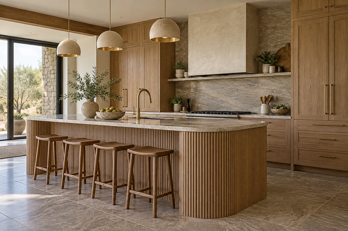 Detailed architectural photograph of a fluted oak kitchen island and brushed brass faucet with surrounding cabinetry in focus