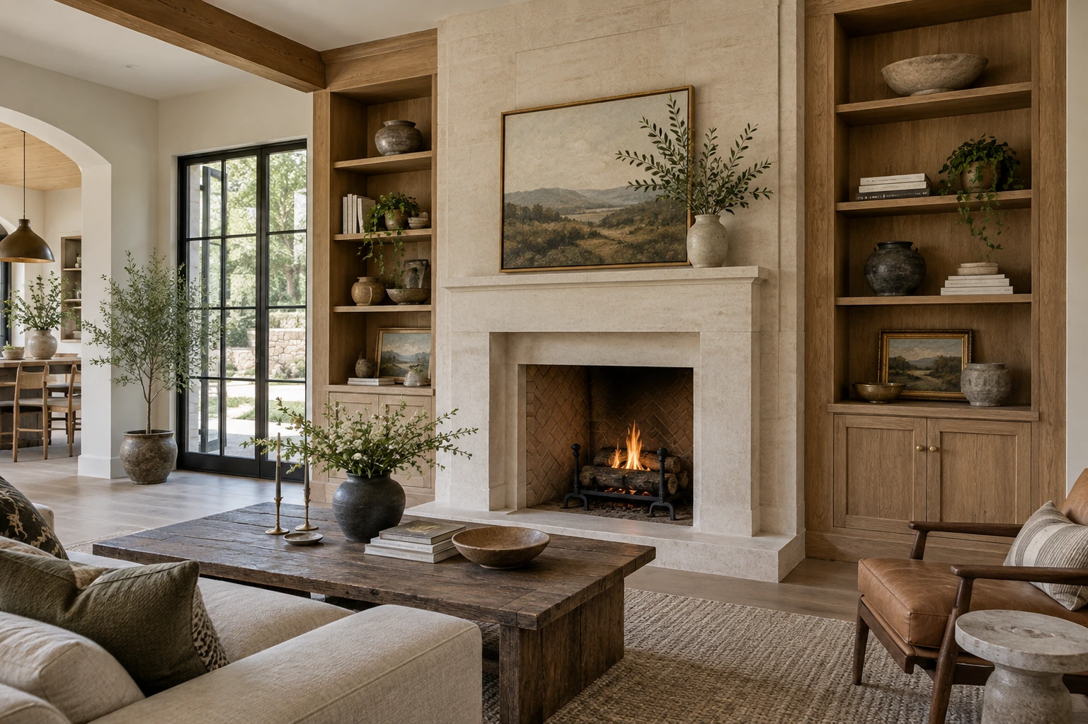 Architectural close view of a limestone fireplace and built-in oak shelves, with enough room context to explain the feature