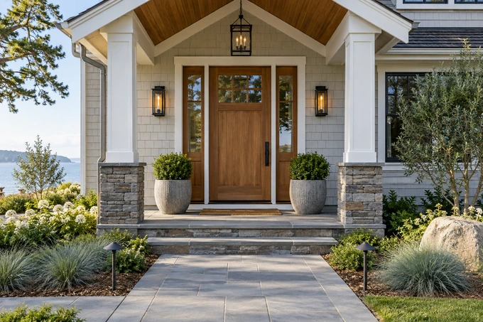 Welcoming home entrance with a cedar front door, symmetrical planters, a clean pathway and modest coastal planting