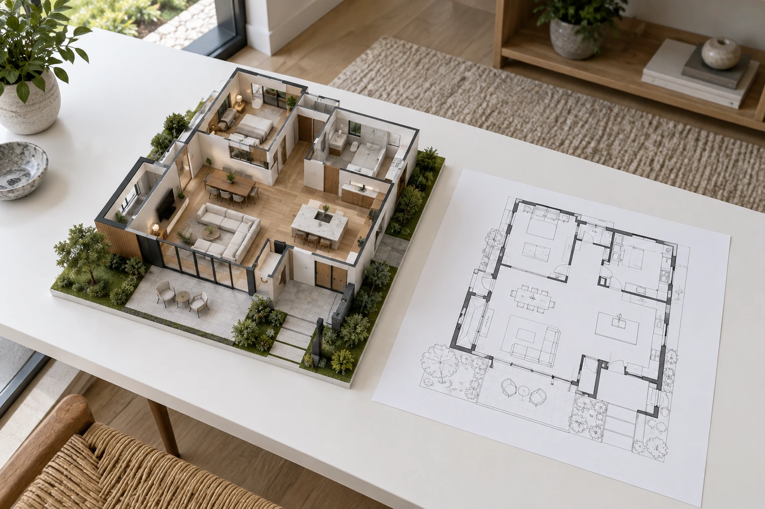Small realistic open-roof architectural model of a contemporary home beside a simple unlabeled paper floor plan, on a clean white table