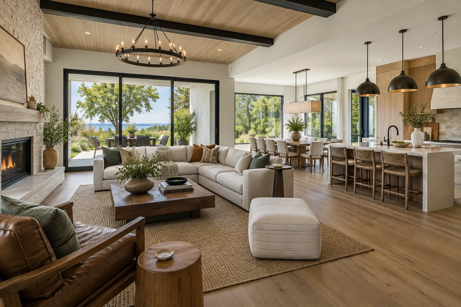 Architectural interior showing a connected living room, dining area and kitchen in one clear coherent wide composition
