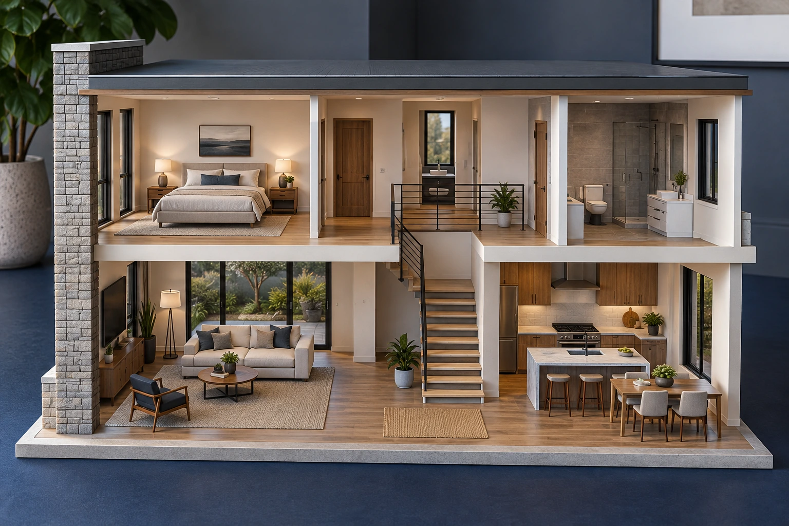 Crisp architectural miniature cutaway of a two-level contemporary home, floor slabs and stairs visibly aligned, sophisticated realistic physical scale model on a navy tabletop, no labels