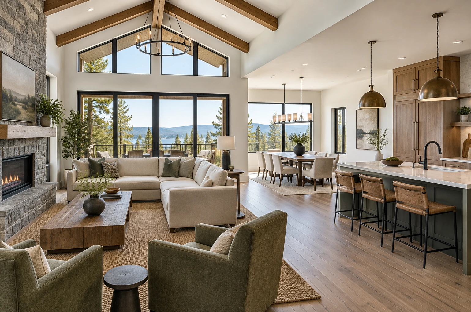Wide photograph of an open-concept living and dining room with an island kitchen, clear circulation around furnishings