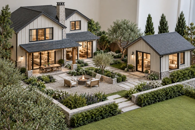 Realistic physical architectural model of a main house and separate small guest cottage connected by a landscaped courtyard, no text