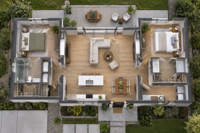 Crisp overhead architectural scale model of a split-bedroom single-floor home, bedrooms on opposite sides and living space in the center, no labels
