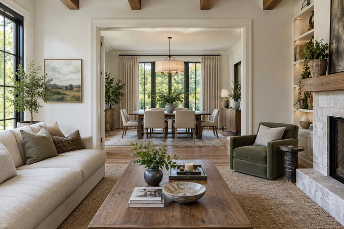 Connected living and dining spaces viewed through a broad interior doorway, coherent visual progression from front to back