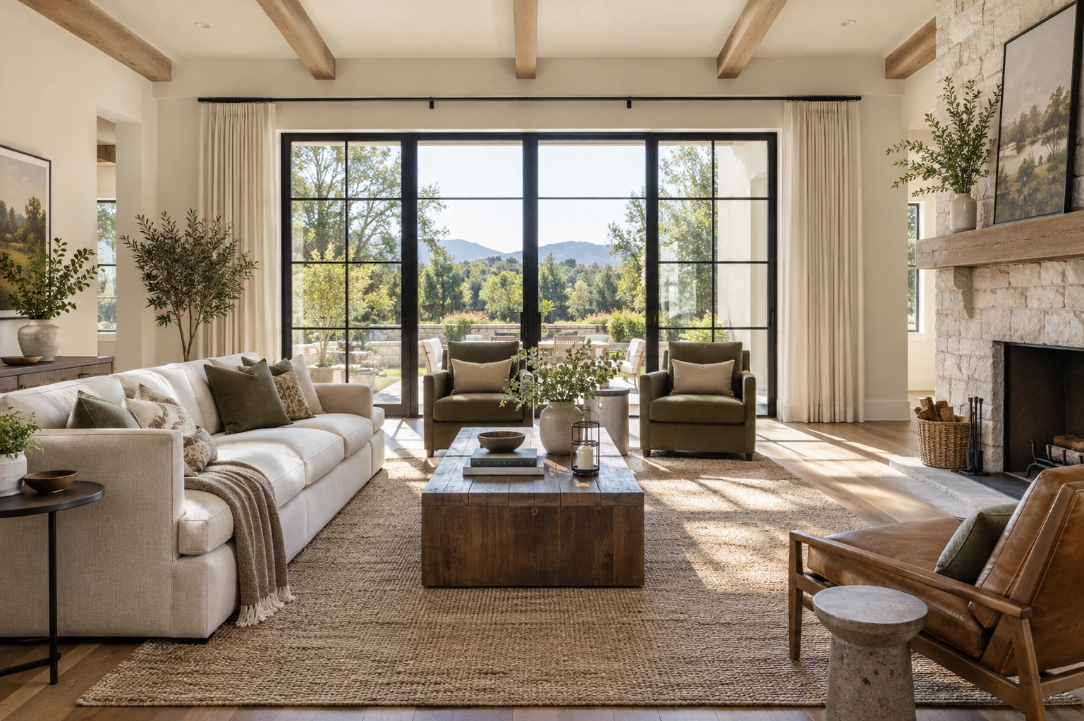 Sunlit living room seen from a central viewpoint, clean architectural lines and a full unobstructed floor route