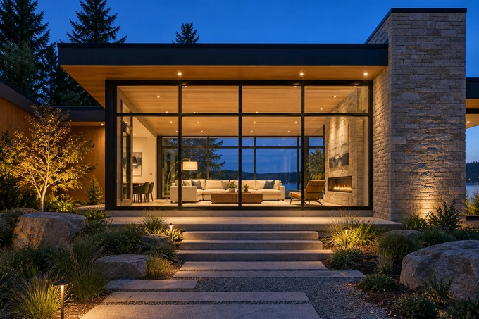 Evening exterior of a house with a broad glass living-room wall, balanced warm interior lighting and deep blue sky