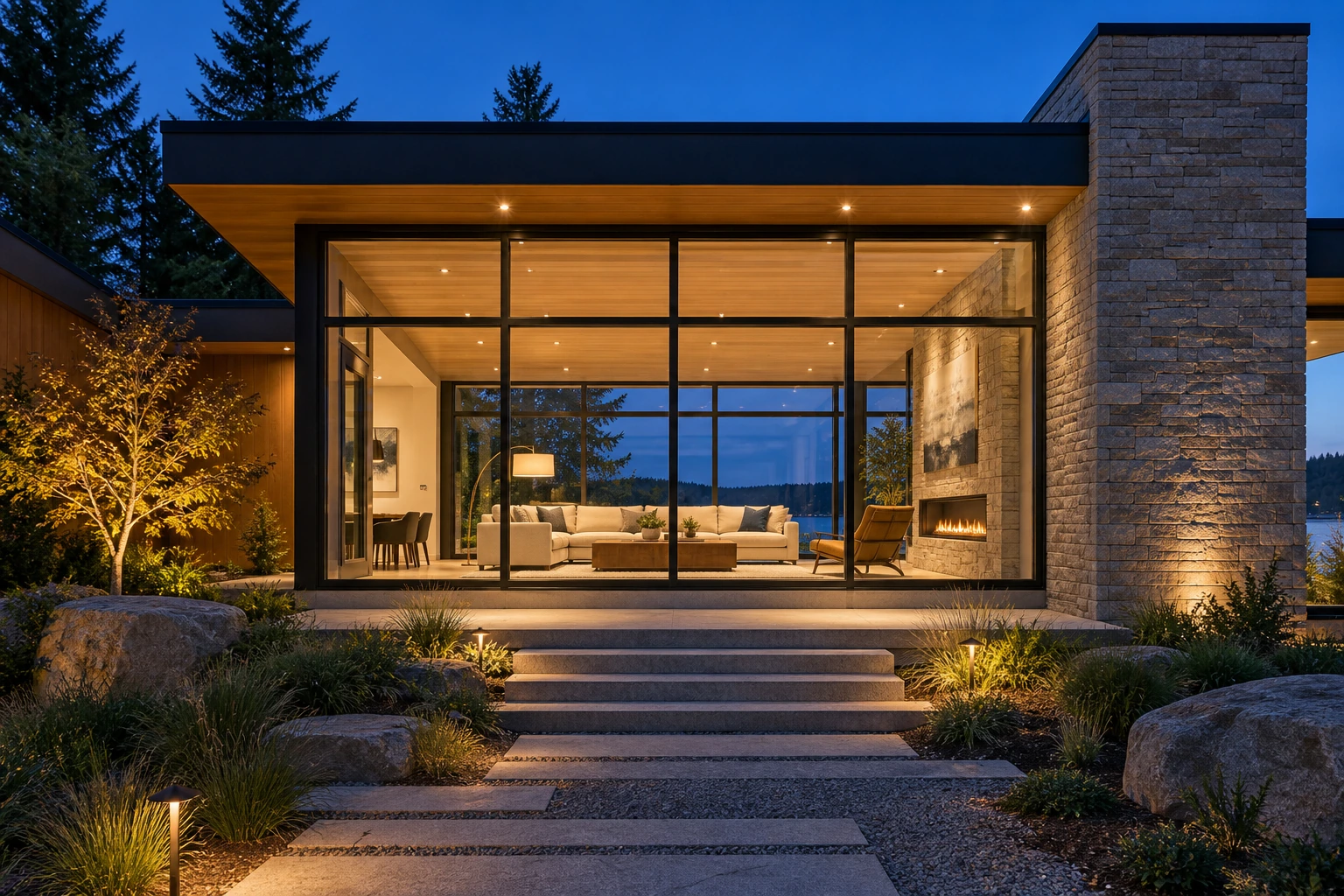 Evening exterior of a house with a broad glass living-room wall, balanced warm interior lighting and deep blue sky