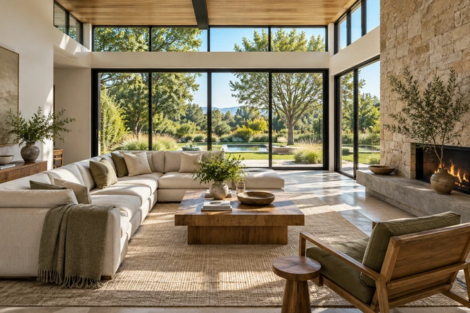 Light-filled room with broad windows and an accurate-looking continuous garden view outside, sharp reflections and geometry