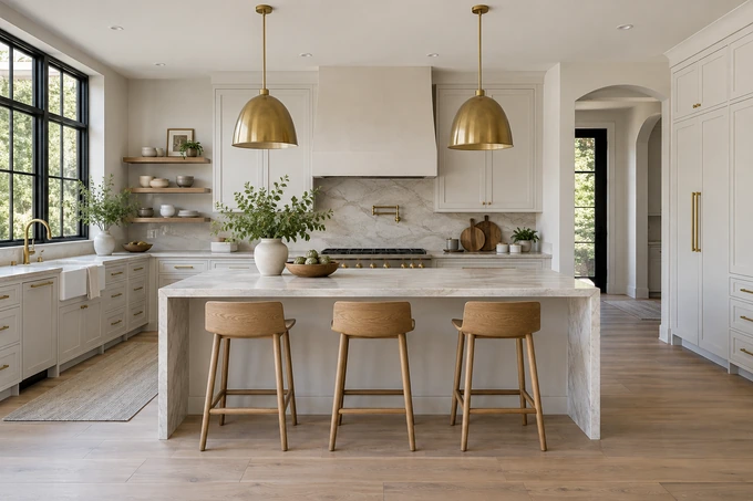 Spacious contemporary kitchen with a pale stone island, three aligned oak stools, clean counters and brushed brass fittings