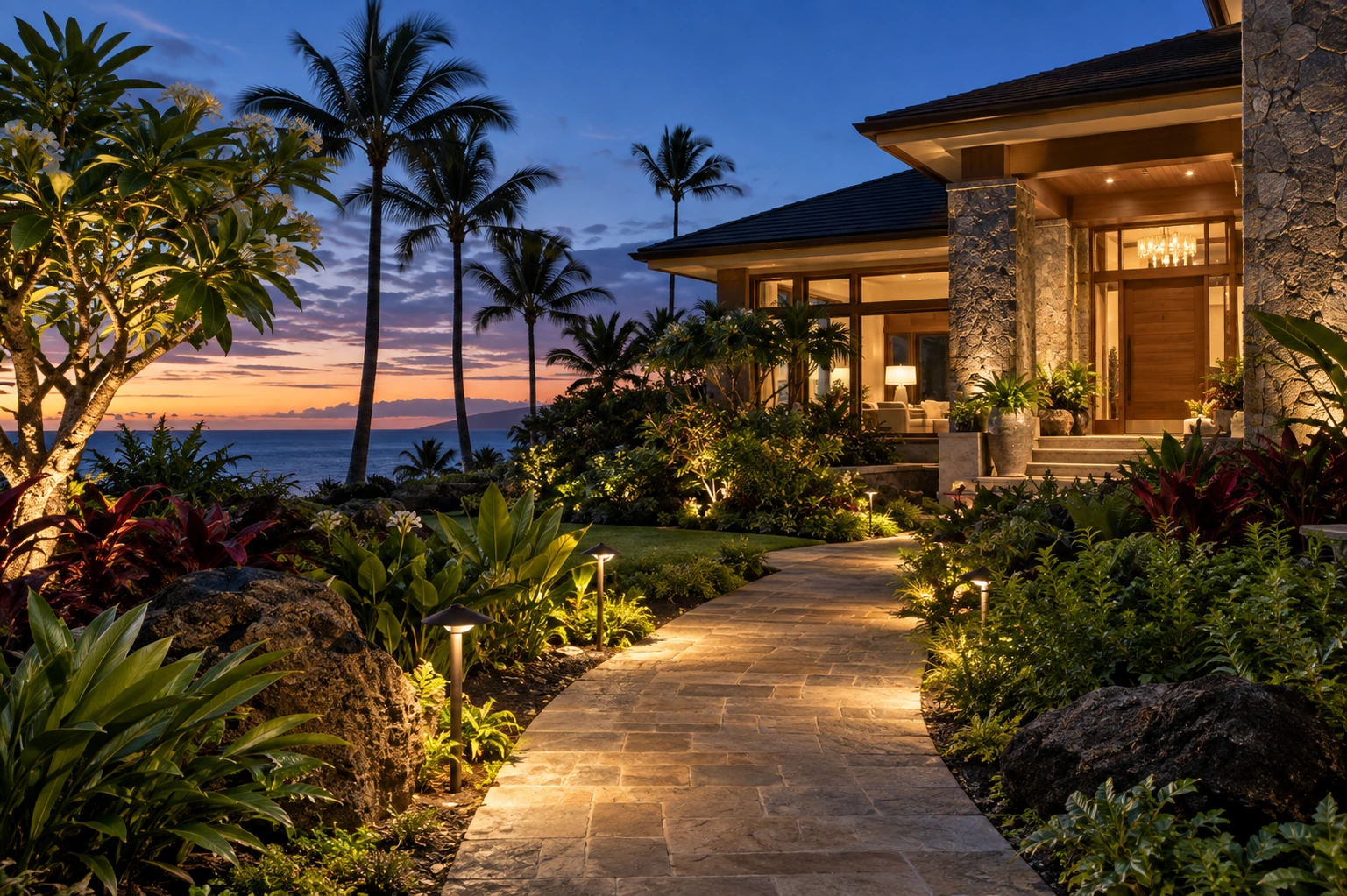Tropical garden path with carefully placed landscape lights leading to a softly illuminated coastal residence at dusk