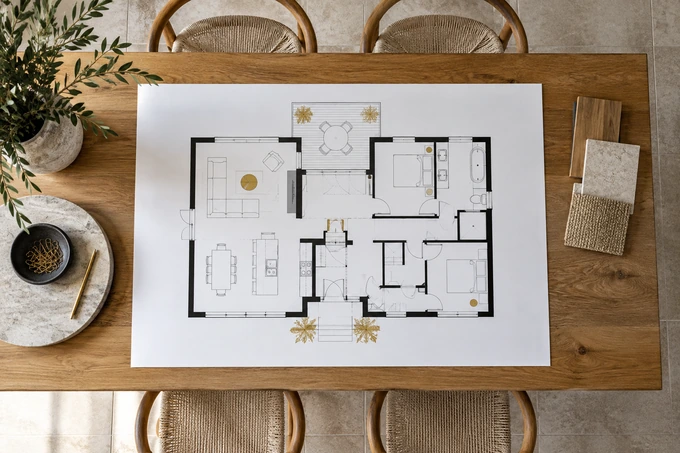 Top-down editorial photograph of a simple high-contrast floor plan on a large white sheet, clean black geometry and restrained gold highlight, no text