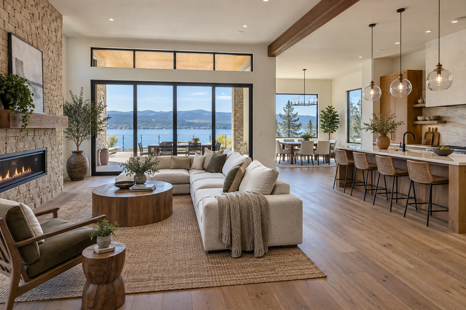 Well-prepared open kitchen and lounge with a consistent arrangement of furnishings and generous clear pathways