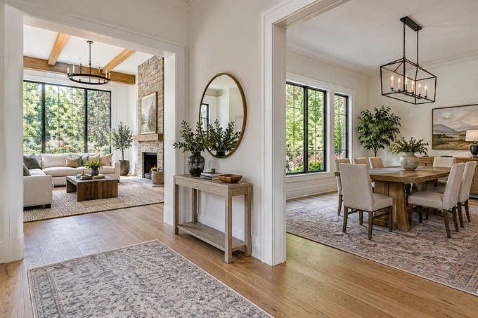 Bright residential interior photographed from a room junction, two different adjoining rooms visible naturally, no split-screen