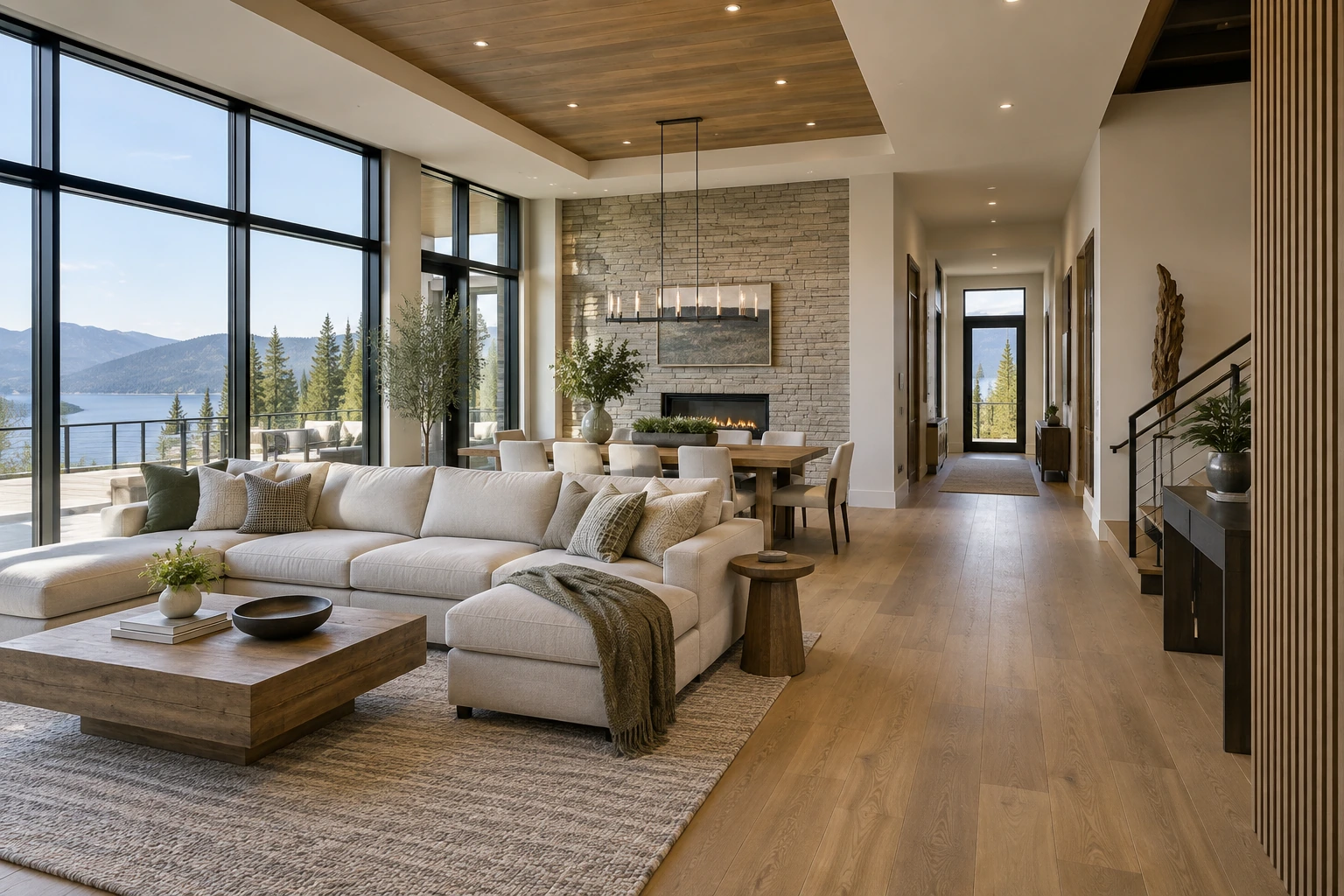 Spacious modern home interior with a clear view across connected living, dining and hallway spaces, realistic proportions