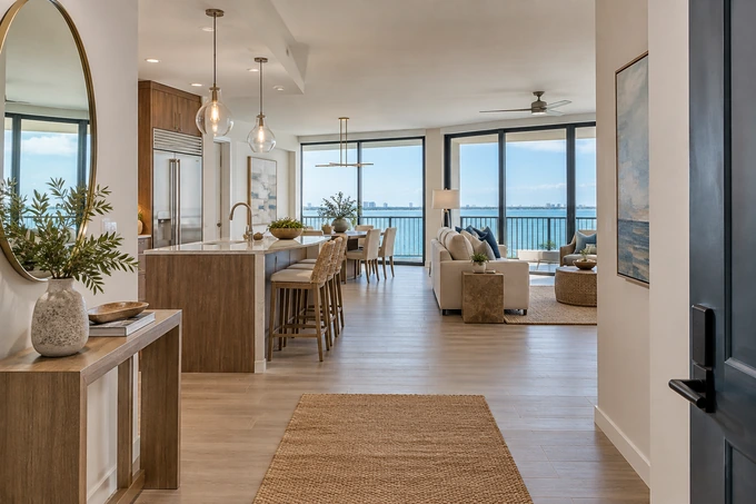 Inviting coastal condo interior with window views and a natural route from entry to living area, sharp architectural photograph