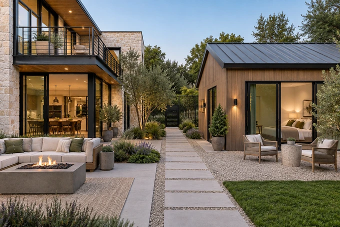 Contemporary house courtyard with main residence on one side and a separate guest studio on the other, clear walkway