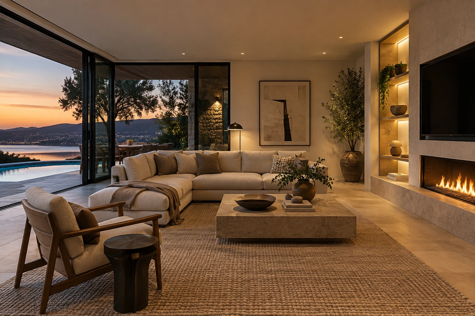 Quiet living room with soft warm evening light, clean straight architectural lines, cream sofa and subtle built-in wall illumination