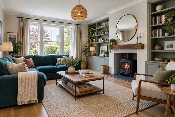 Tidy occupied family living room with teal sofa, orderly bookcase and tasteful everyday furnishings, all surfaces clean