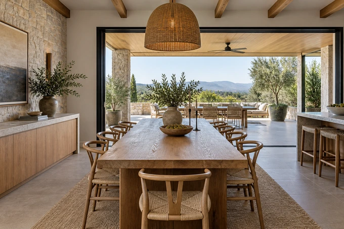 Indoor-outdoor dining area centered on a beautiful long wood table opening to a covered terrace, sharp throughout