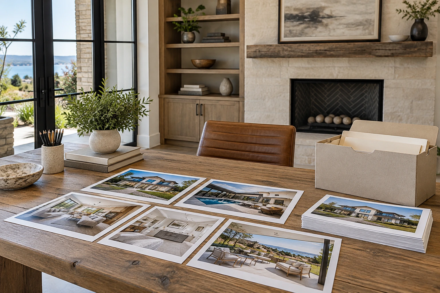 Clean editorial desk with neatly arranged distinct printed property photographs and a simple unlettered storage folder, no screens or text