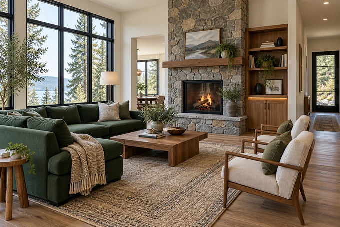 Welcoming furnished lounge with forest-green sofa, warm wood storage, layered rug and tidy unobstructed walking space