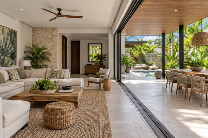 Wide interior-exterior view through fully open sliding doors connecting a lounge to a shaded tropical patio