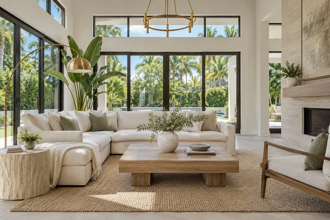 Airy living room with an ivory sofa, oak coffee table and tall garden windows